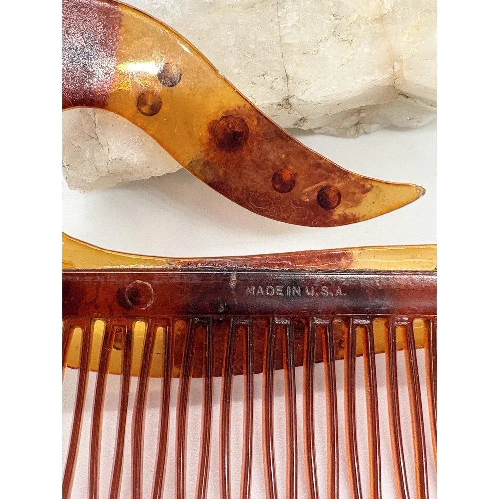 Vintage 1920s Celluloid Art‎ Deco Hair Comb Faux Tortoise Shell Rhinestone USA
